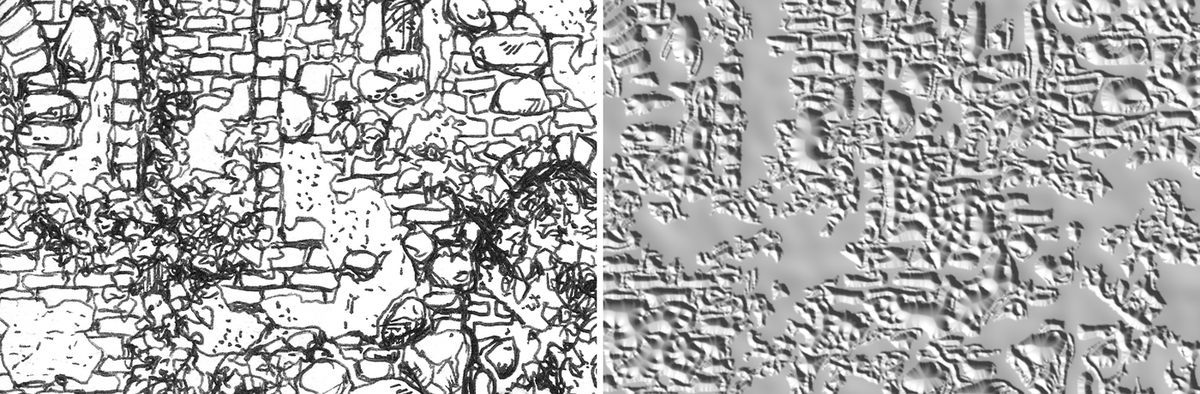 Po lewej rysunek kreską, po prawej ten sam fragment jako oświetlona powierzchnia 3D
